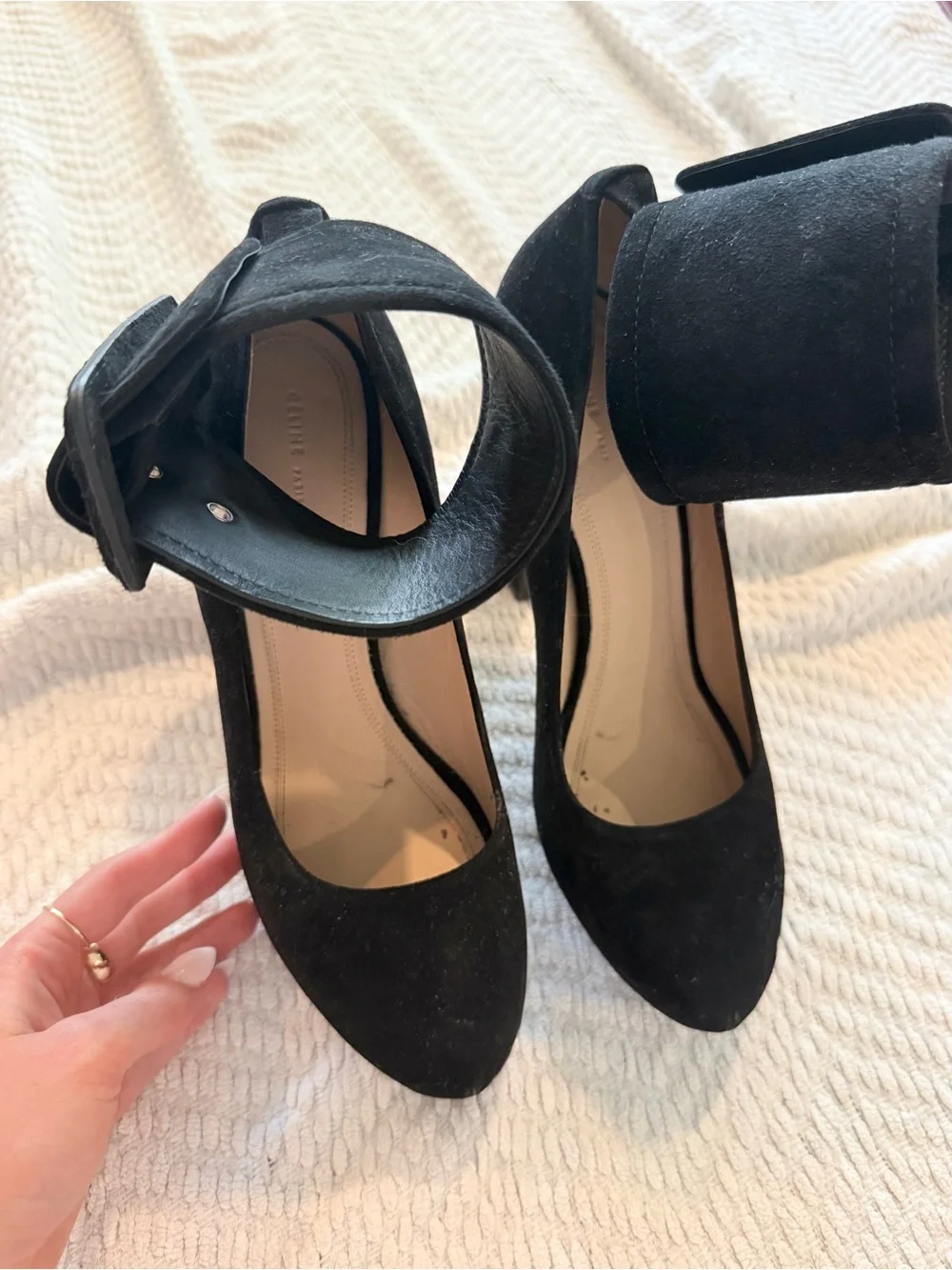 Celine Black Suede Platform Pumps with Buckle Ankle Cuffs